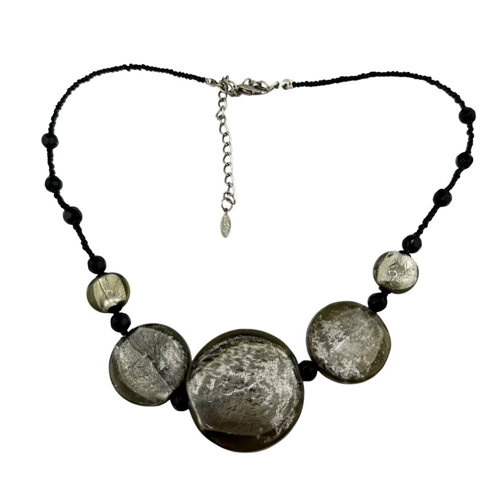 EsMor Art Glass Chunky Black Smokey Gray Beads Silver Tone Statement Necklace